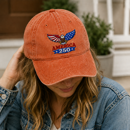 America 250 Eagle Washed Cap, Patriotic Bald Eagle 250th Anniversary Hat - washed cap - lifestyle view 9