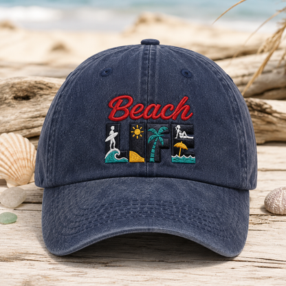 Beach Life Washed Cap, Embroidered Beach Vacation Hat - Washed Cap - front view
