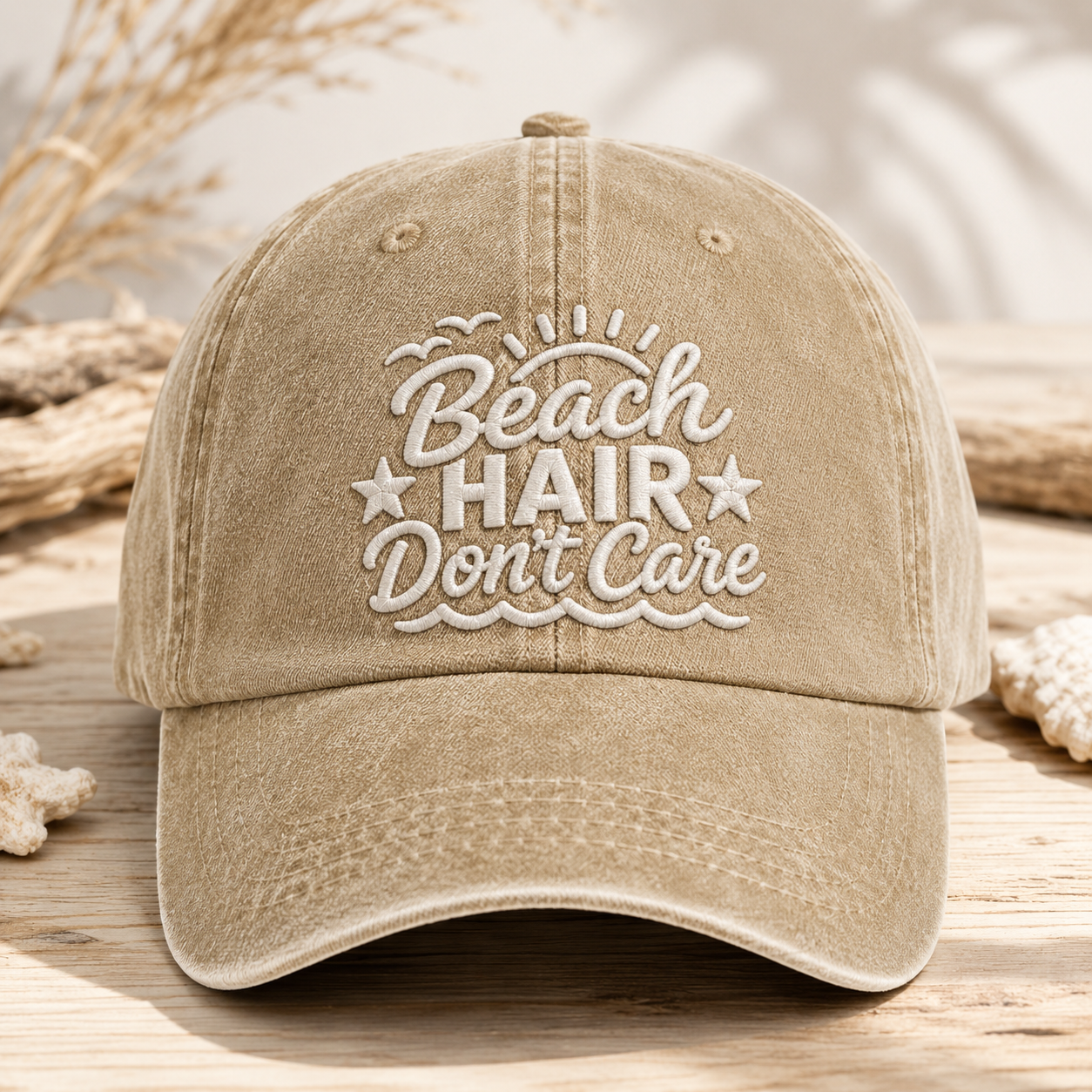 Beach Hair Don't Care Washed Cap, Summer Vacation Hat - Washed Cap - front view