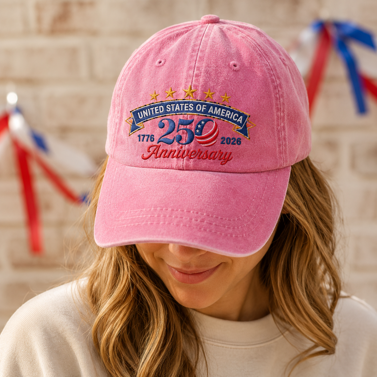 United States of America 250 Anniversary Washed Cap, 1776 2026 Patriotic Baseball Hat - washed cap - lifestyle view 9