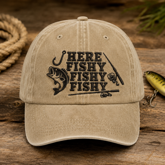 Here Fishy Fishy Fishy Washed Cap, Funny Bass Fishing Hat - Washed Cap - front view