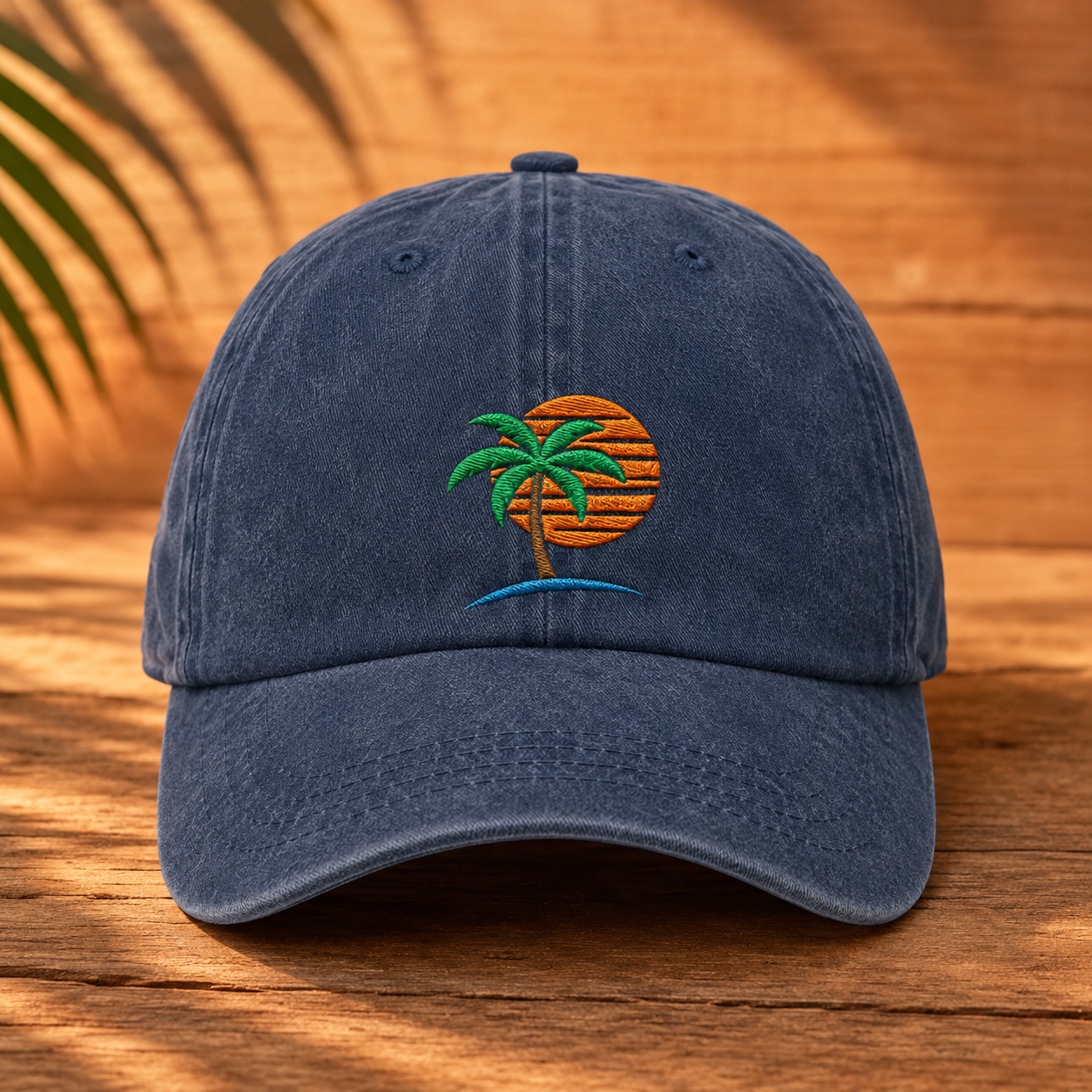 Palm Tree Sunset Washed Cap, Tropical Beach Hat for Vacation Lovers - Washed Cap - front view