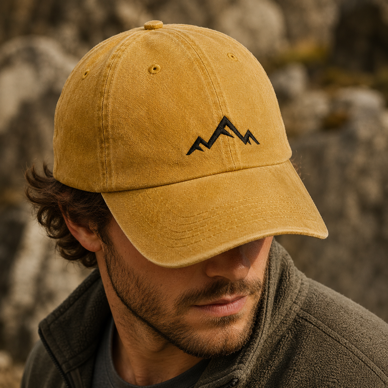Minimalist Mountain Washed Cap, Black Embroidered Peak Hiking Hat - Washed Cap - lifestyle view 7