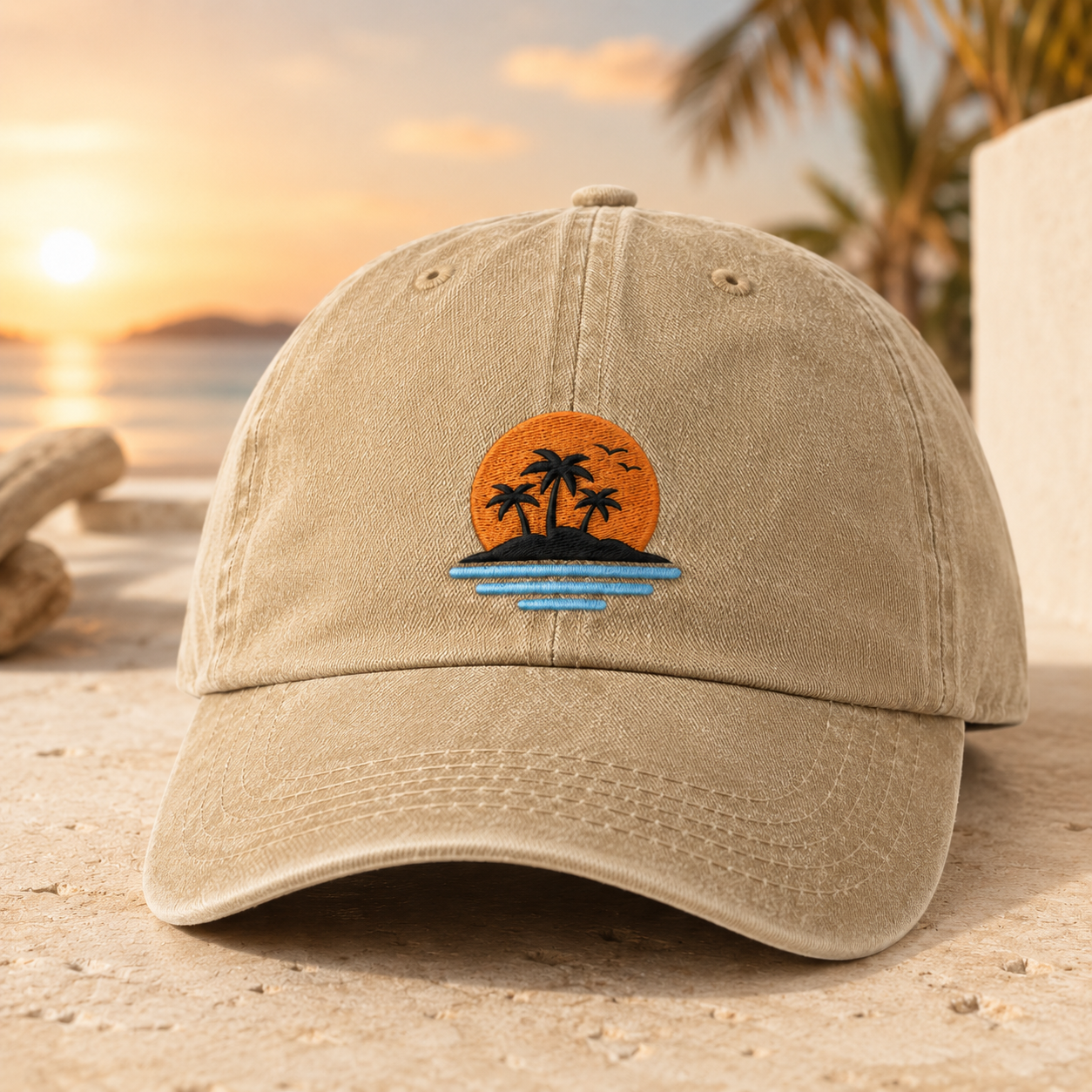 Tropical Sunset Washed Cap, Palm Tree Island Beach Vacation Hat - Washed Cap - detail view