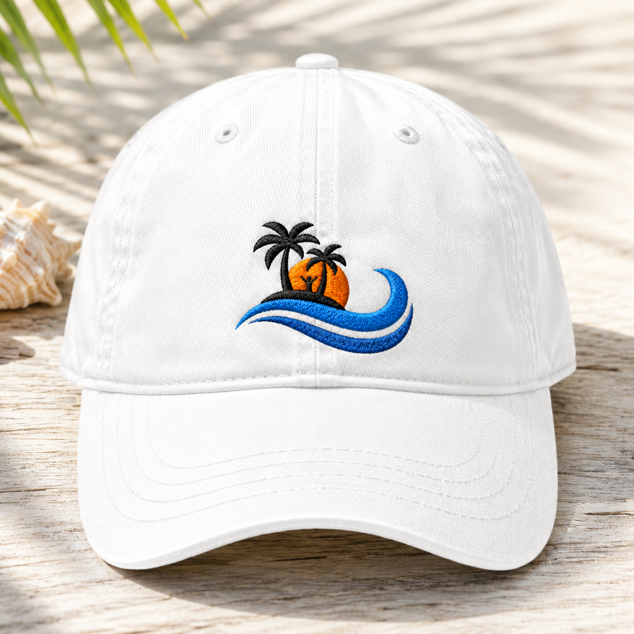 Island Sunset Embroidered Washed Cap, Ocean Wave Palm Tree Beach Hat - Washed Cap - front view