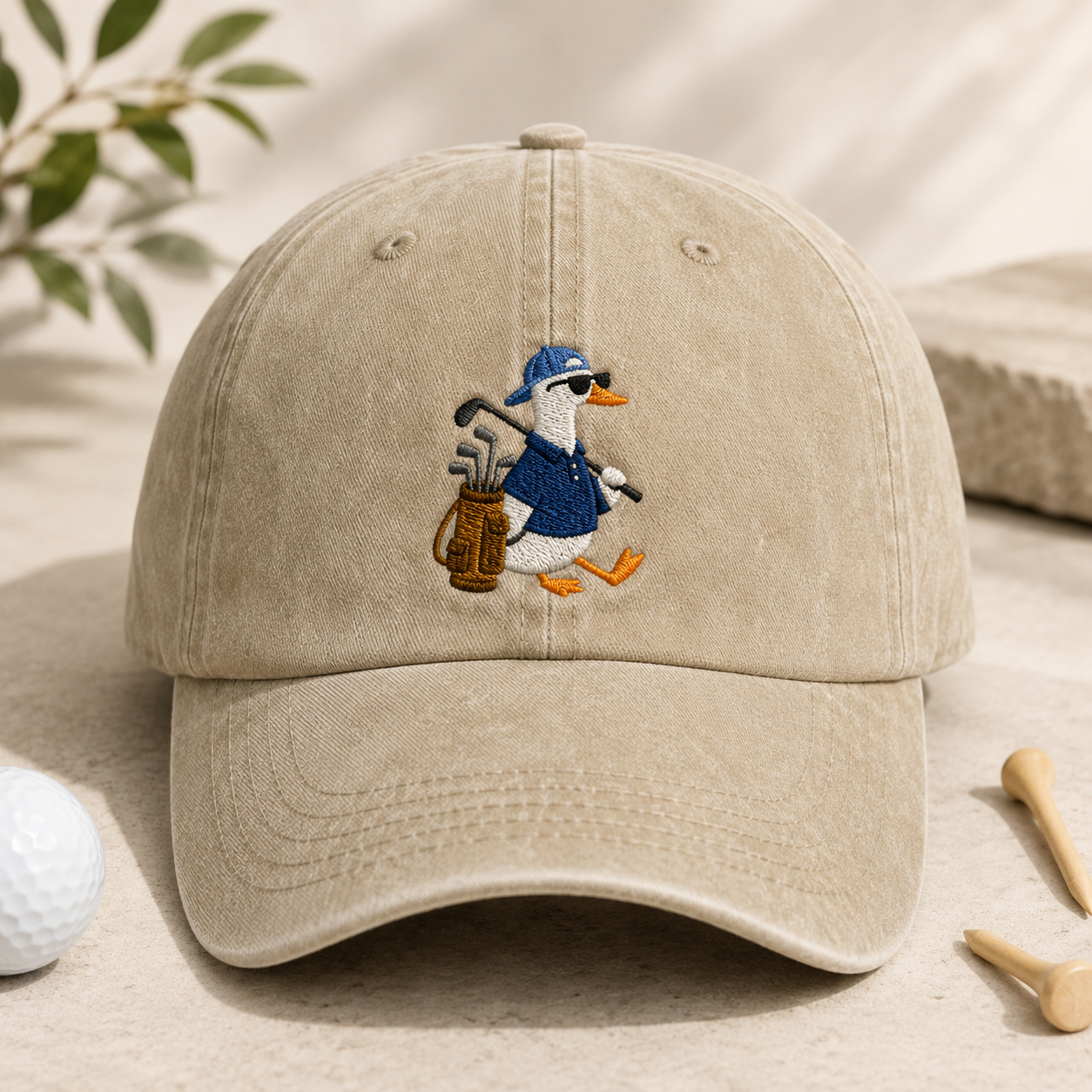 Golf Goose Washed Cap, Duck Golfer Embroidered Hat for Golf Lovers - Washed Cap - front view