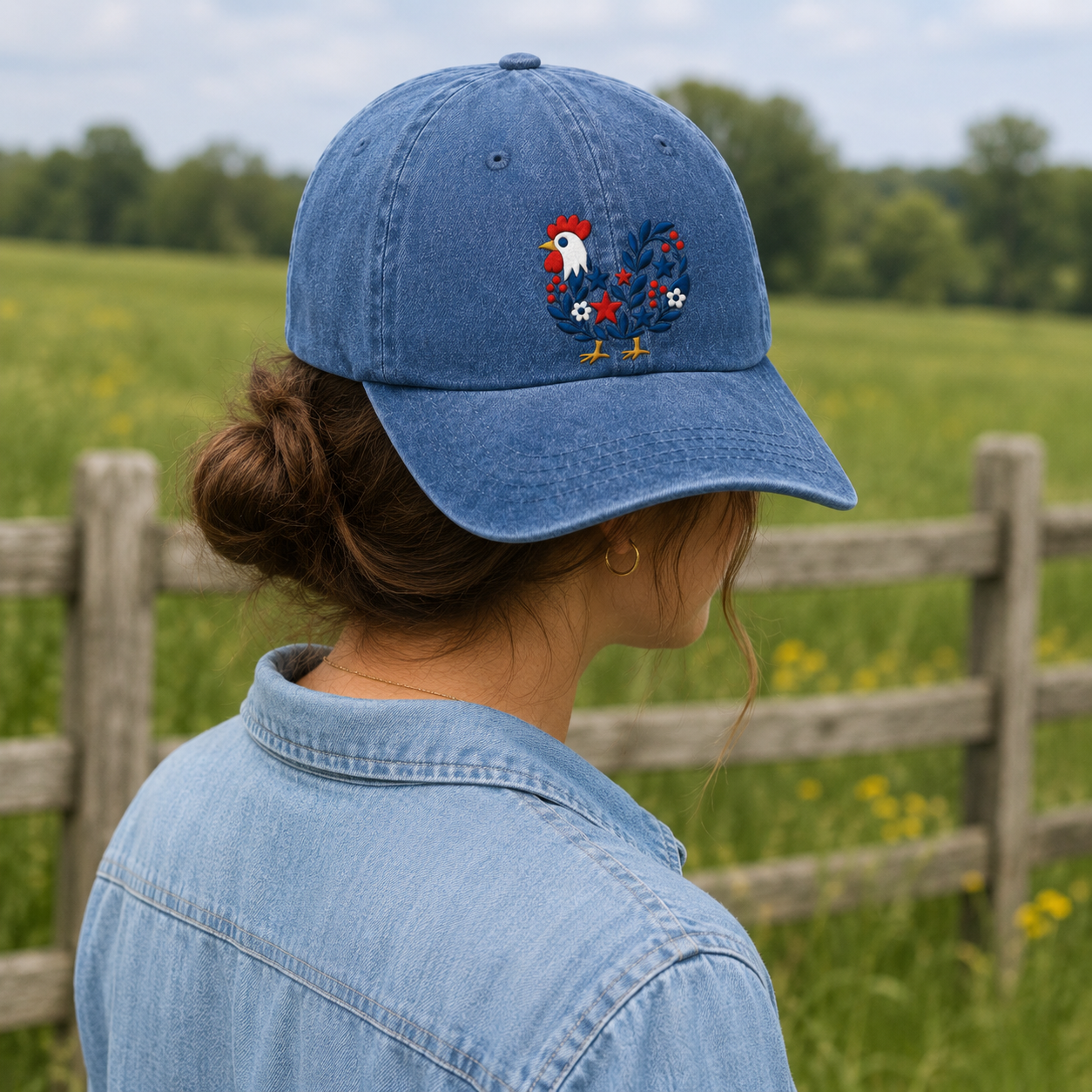 Folk Rooster Washed Cap, Embroidered Floral Chicken Baseball Hat - washed cap - lifestyle view 9