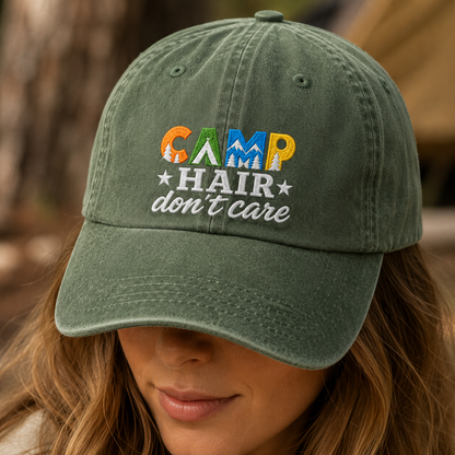 Camp Hair Don't Care Washed Cap, Funny Camping Hat for Outdoor Campers - Washed Cap - lifestyle view 3