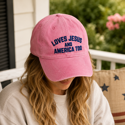 Loves Jesus and America Too Washed Cap, Patriotic Christian Dad Hat - Washed Cap - lifestyle view 8