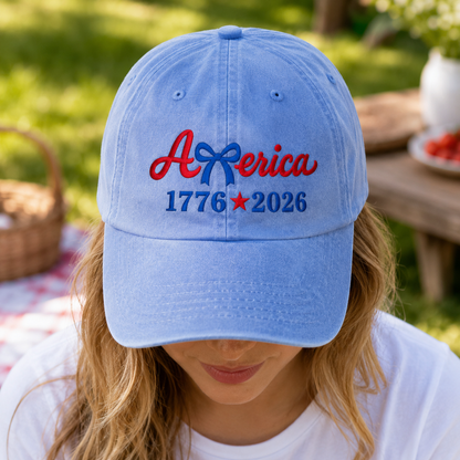America 1776 2026 Bow Washed Cap, Patriotic Embroidered Hat for USA Birthday - washed cap - lifestyle view 9