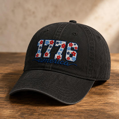 1776 America Floral Embroidered Washed Cap, Patriotic Coquette Hat for Fourth of July - washed cap - lifestyle view 2