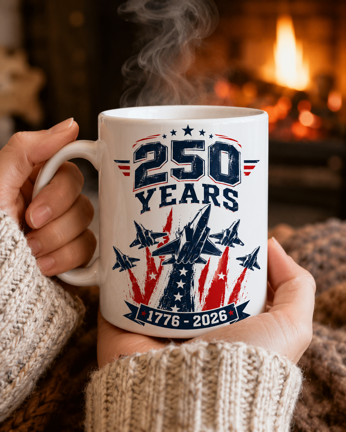 250 Years Coffee Mug, 1776-2026 Patriotic Fighter Jet Ceramic Cup - Mug - front view