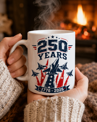250 Years Coffee Mug, 1776-2026 Patriotic Fighter Jet Ceramic Cup - Mug - front view