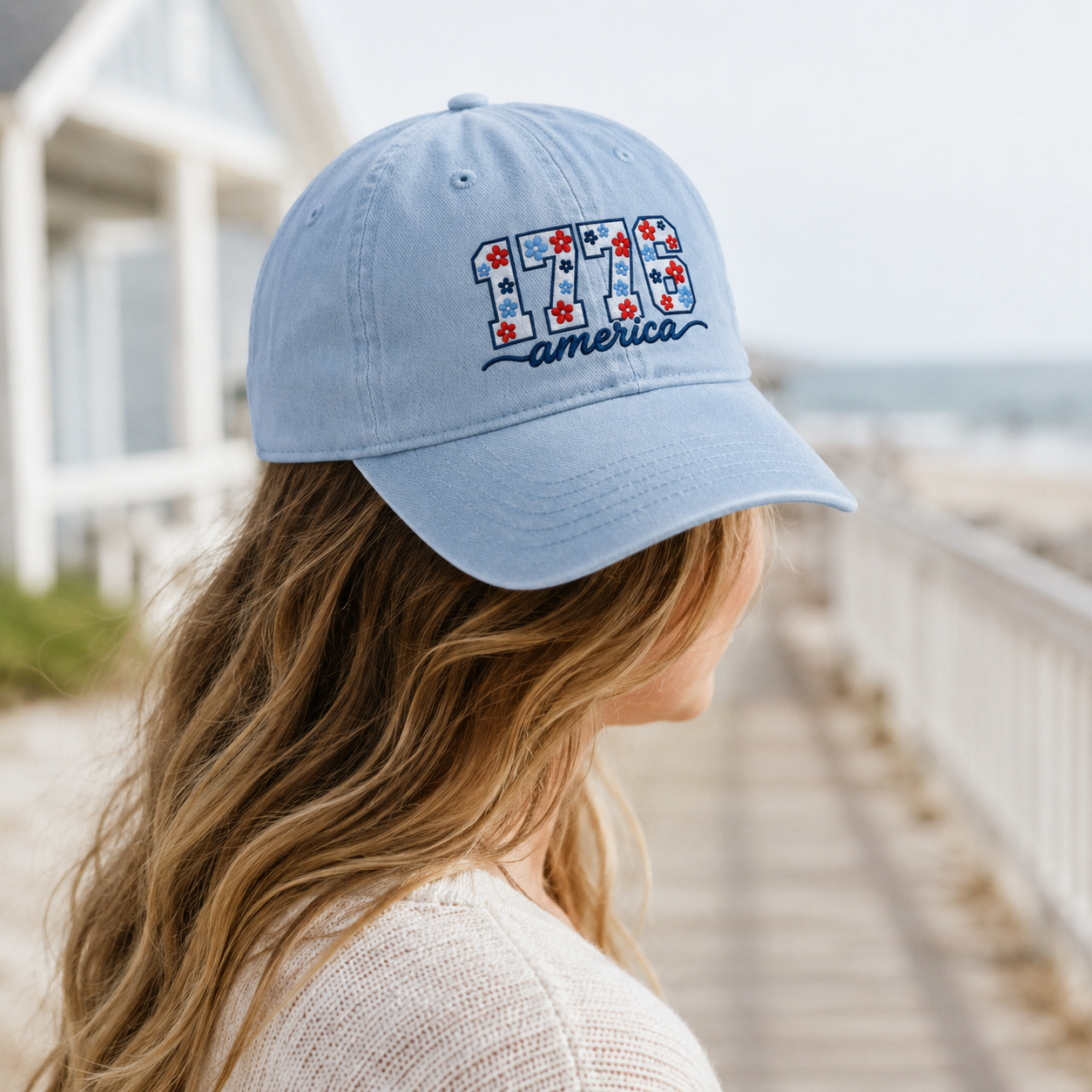 1776 America Floral Embroidered Washed Cap, Patriotic Coquette Hat for Fourth of July - washed cap - lifestyle view 9