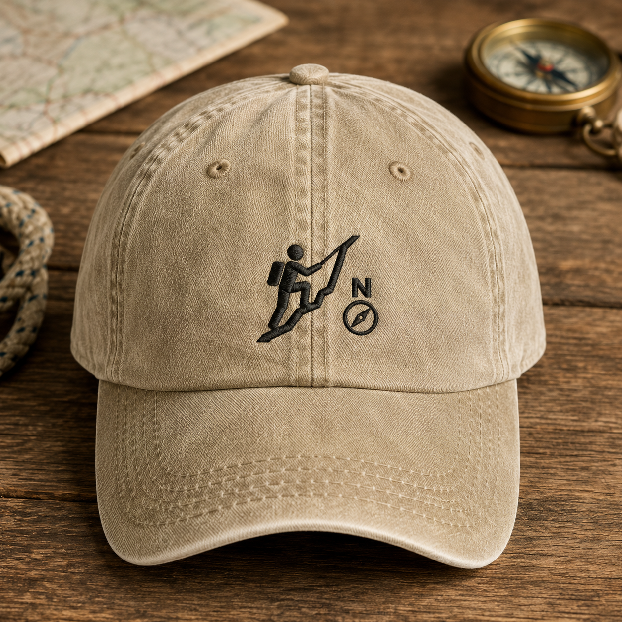Hiking Compass Washed Cap, Embroidered Outdoor Adventure Hat for Campers - Washed Cap - front view