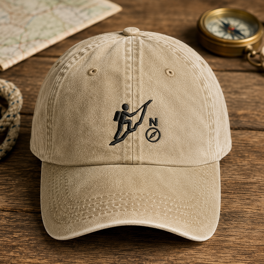 Hiking Compass Washed Cap, Embroidered Outdoor Adventure Hat for Campers - Washed Cap - front view