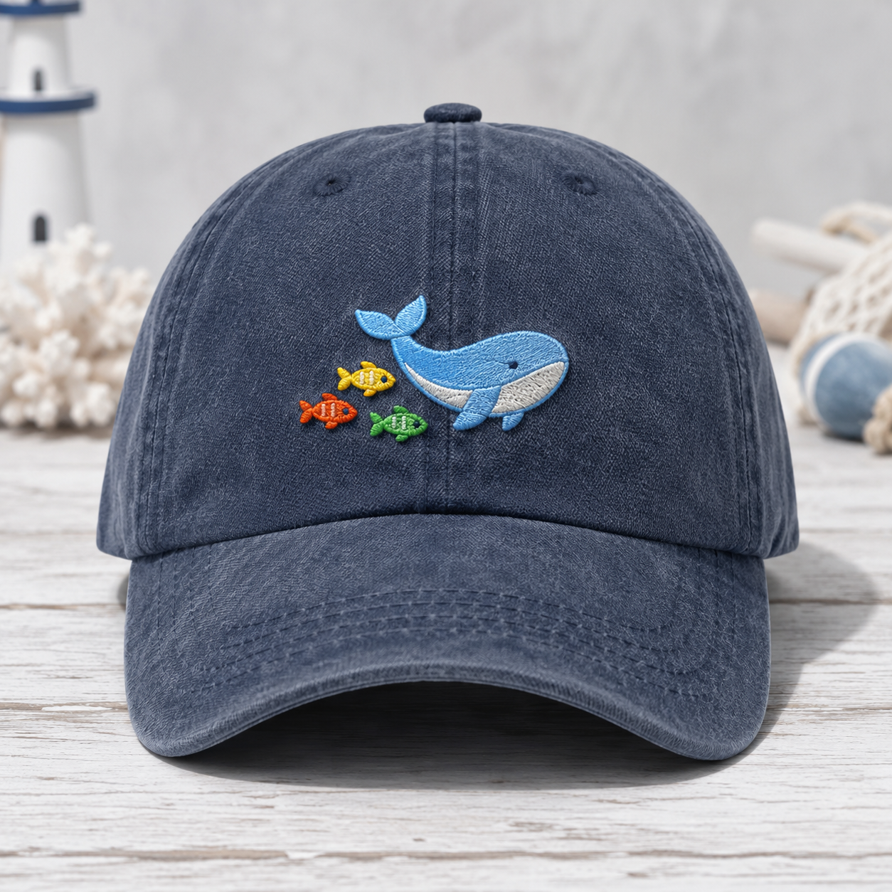 Whale and Fish Embroidered Washed Cap, Ocean Animal Dad Hat - Washed Cap - front view