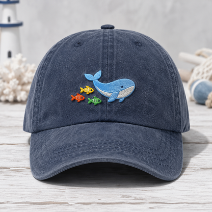 Whale and Fish Embroidered Washed Cap, Ocean Animal Dad Hat - Washed Cap - front view