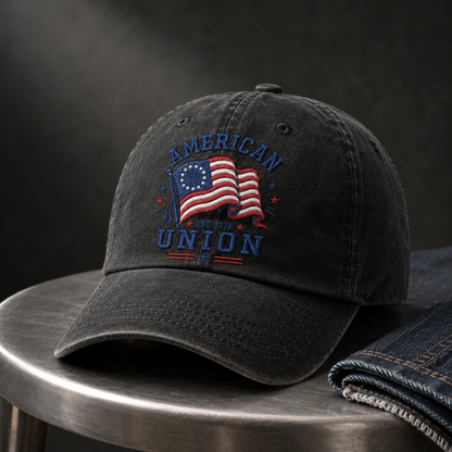American Union Washed Cap, Est. 1776 Flag Design, Patriotic Embroidered Dad Hat - washed cap - lifestyle view 3