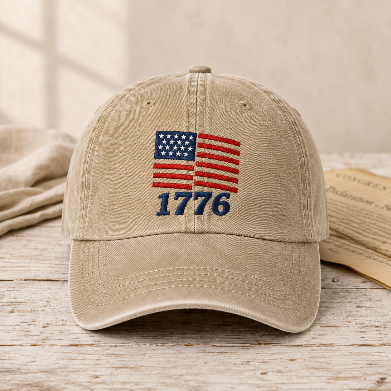 American Flag 1776 Washed Cap, Patriotic Embroidered Dad Hat - washed cap - front view