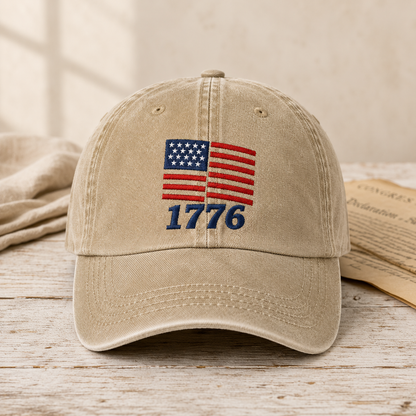American Flag 1776 Washed Cap, Patriotic Embroidered Dad Hat - washed cap - front view