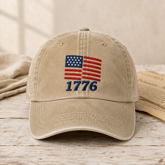 American Flag 1776 Washed Cap, Patriotic Embroidered Dad Hat - washed cap - front view