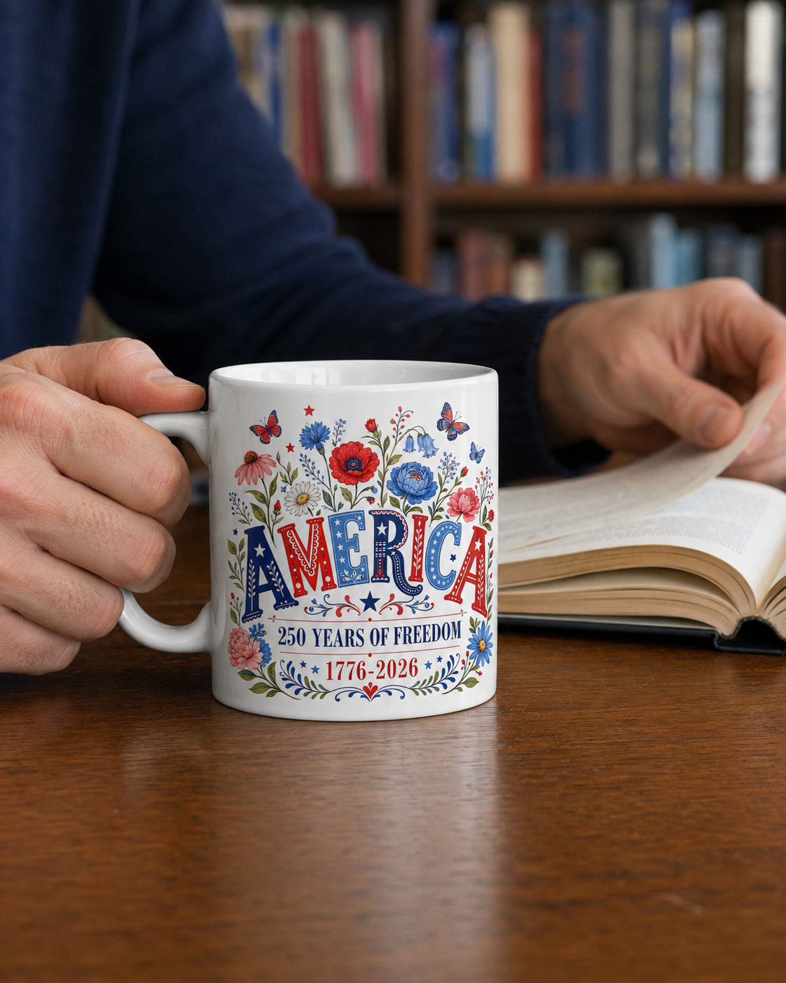 America 250 Years of Freedom Coffee Mug, 1776-2026 Patriotic Floral Gift - Mug - lifestyle view 2