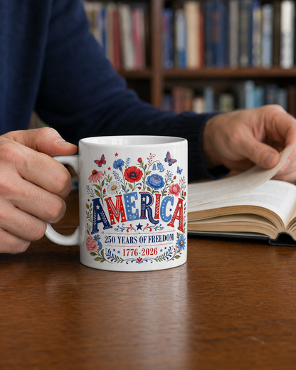 America 250 Years of Freedom Coffee Mug, 1776-2026 Patriotic Floral Gift - Mug - lifestyle view 2