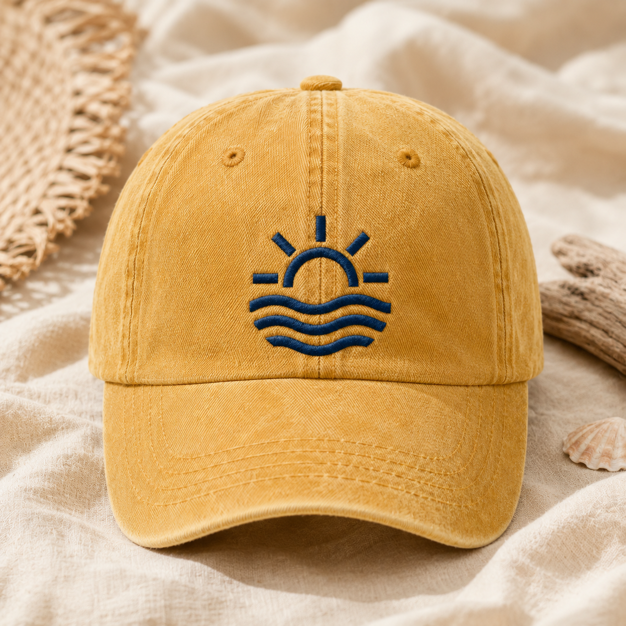 Minimalist Sun and Waves Washed Cap, Beach Hat for Summer - Washed Cap - lifestyle view 2
