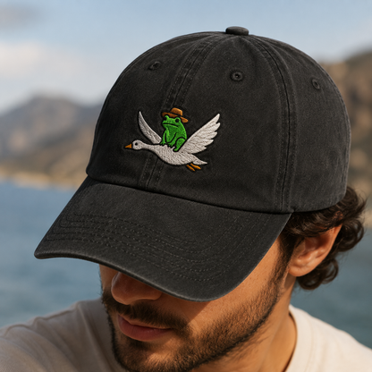 Frog Riding Goose Washed Cap, Embroidered Dad Hat for Bird and Toad Fans - Washed Cap - lifestyle view 3
