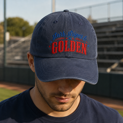 Stars, Stripes & Golden Washed Cap, Patriotic Baseball Hat - washed cap - lifestyle view 6