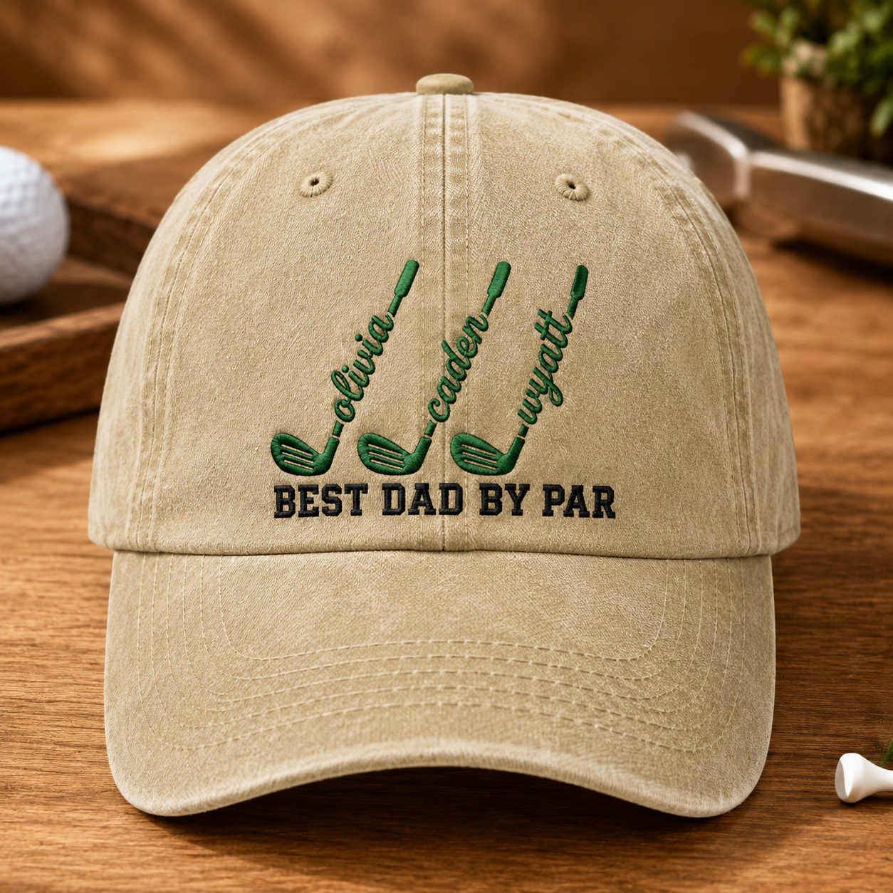 Best Dad By Par Golf Cap Personalized Kids Names Hat - Washed Cap - front view