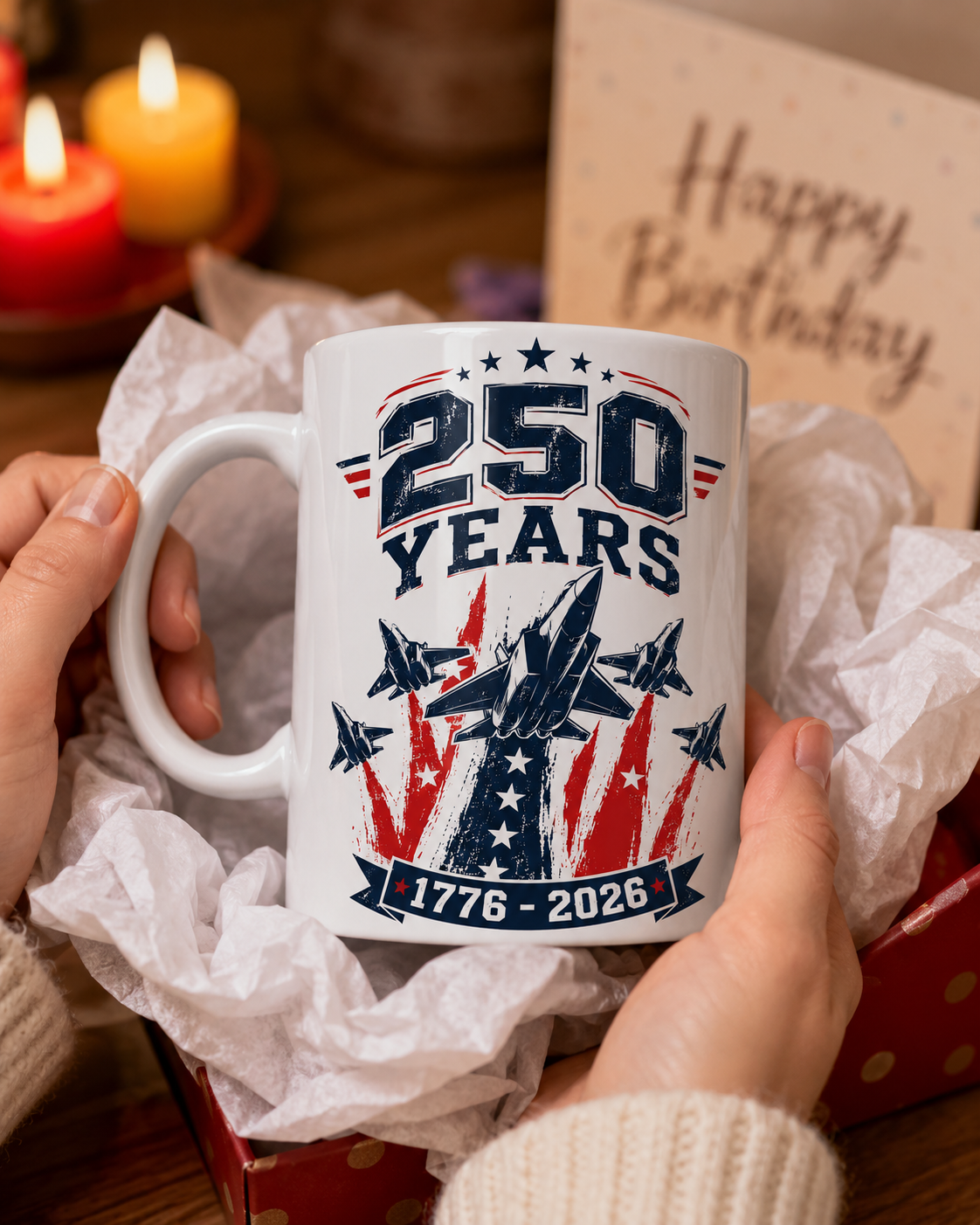 250 Years Coffee Mug, 1776-2026 Patriotic Fighter Jet Ceramic Cup - Mug - detail view