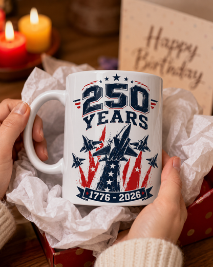 250 Years Coffee Mug, 1776-2026 Patriotic Fighter Jet Ceramic Cup - Mug - detail view
