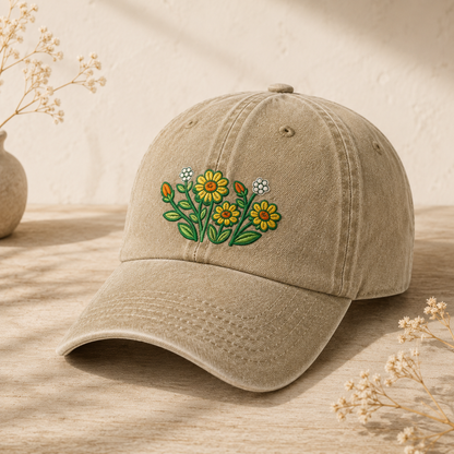 Daisy Wildflower Embroidered Washed Cap, Botanical Garden Gift - washed cap - lifestyle view 2