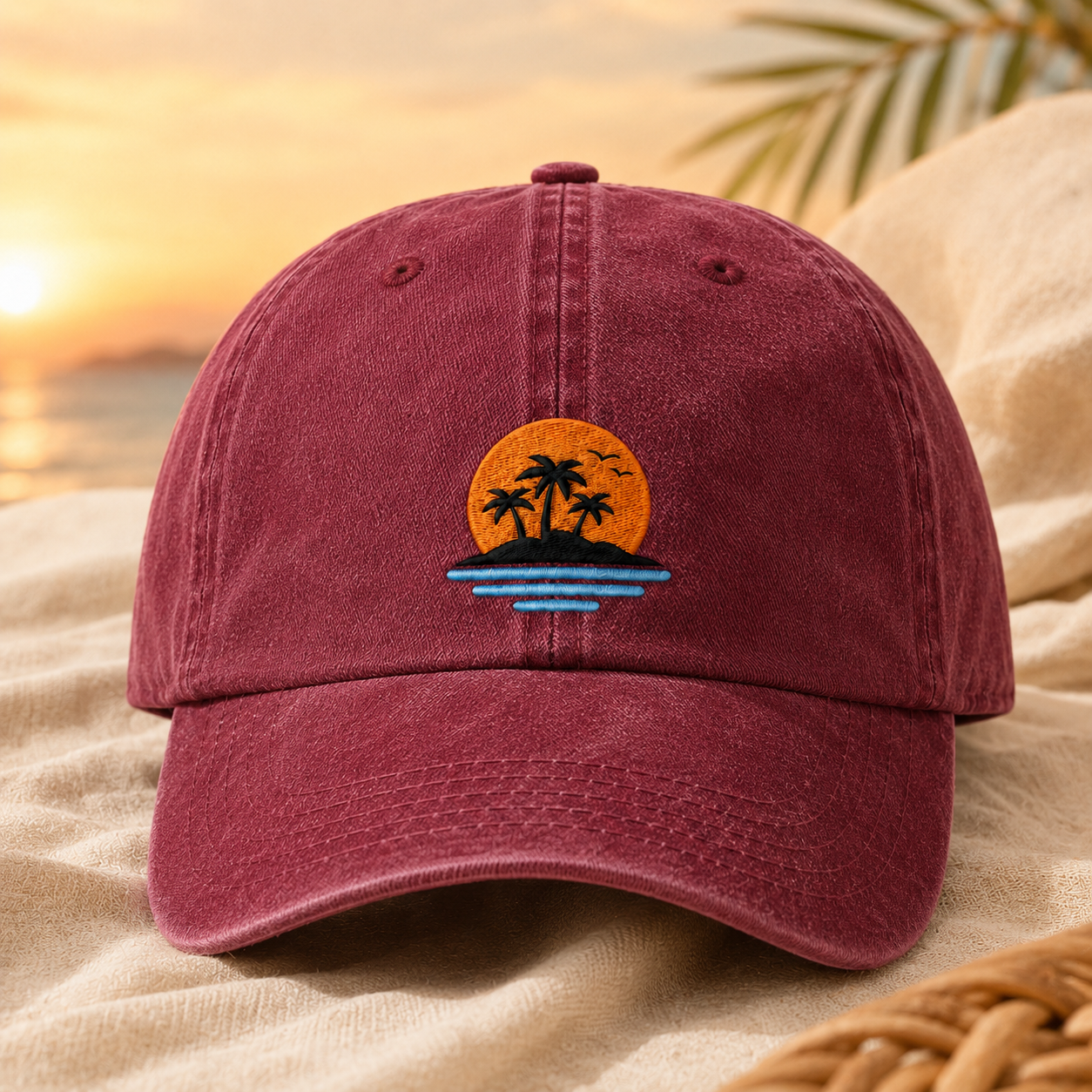 Tropical Sunset Washed Cap, Palm Tree Island Beach Vacation Hat - Washed Cap - lifestyle view 2