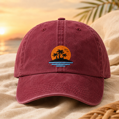 Tropical Sunset Washed Cap, Palm Tree Island Beach Vacation Hat - Washed Cap - lifestyle view 2