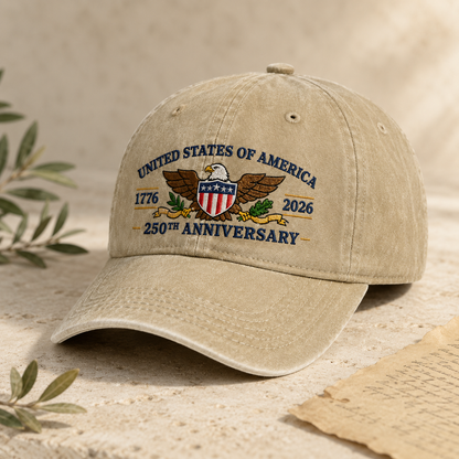 United States of America 250th Anniversary Washed Cap, 1776 2026 Patriotic Eagle Hat - washed cap - lifestyle view 2
