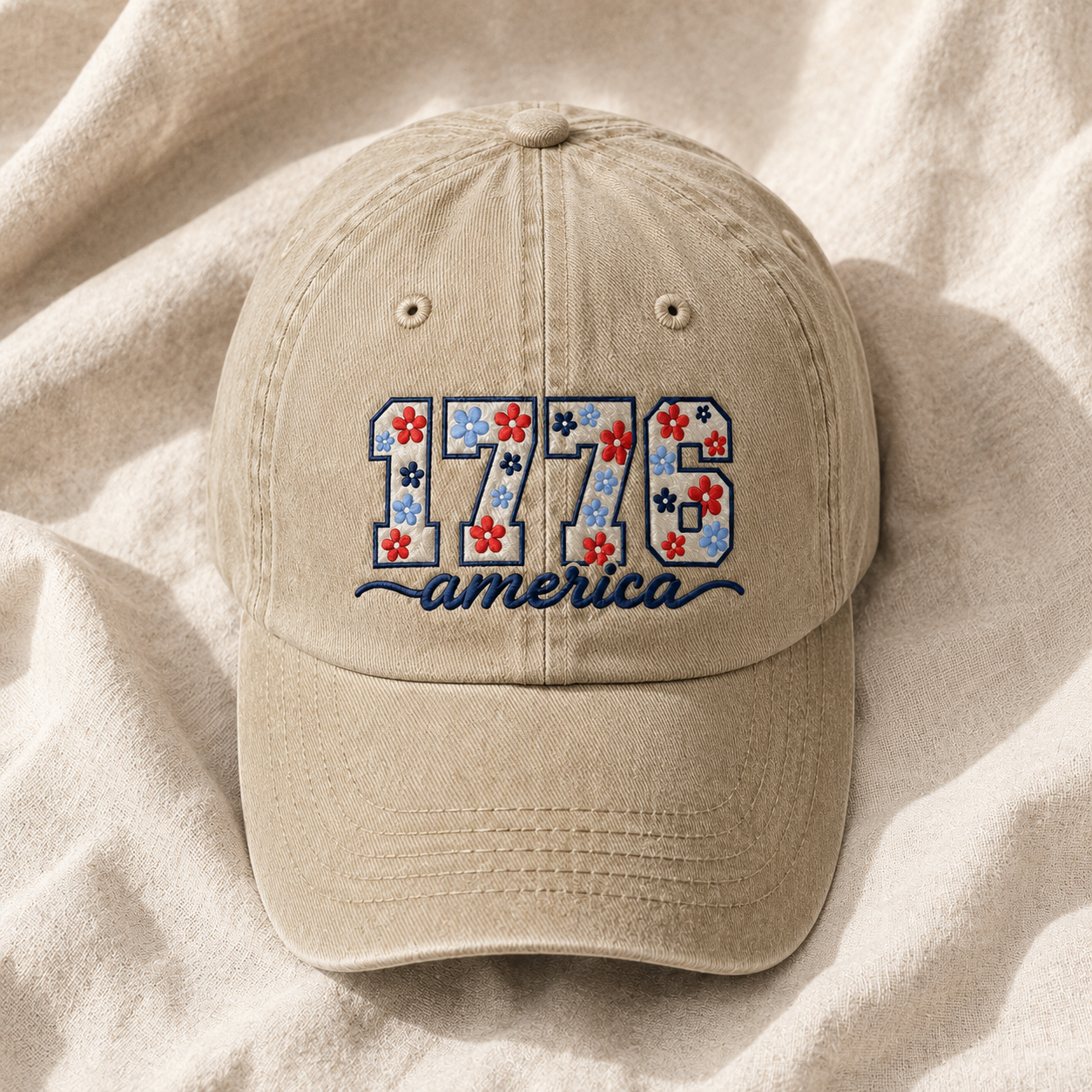 1776 America Floral Embroidered Washed Cap, Patriotic Coquette Hat for Fourth of July - washed cap - lifestyle view 3