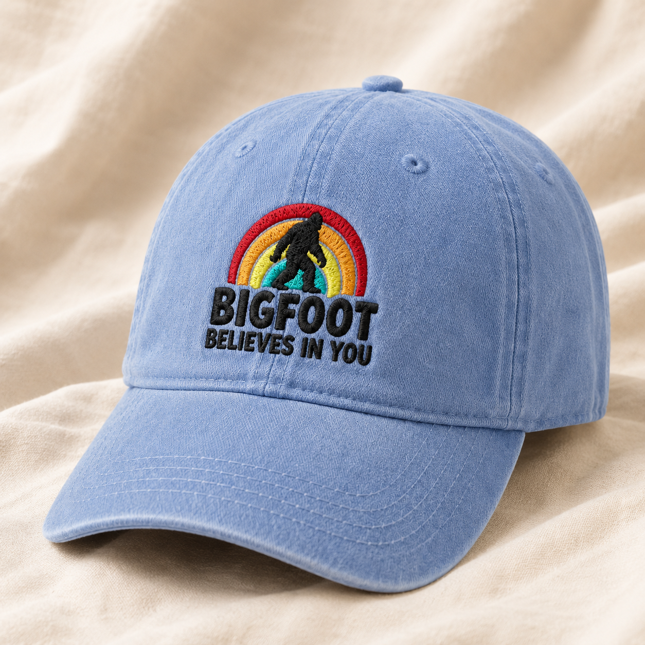 Bigfoot Believes in You Washed Cap, Rainbow Sasquatch Embroidered Dad Hat - Washed Cap - lifestyle view 2