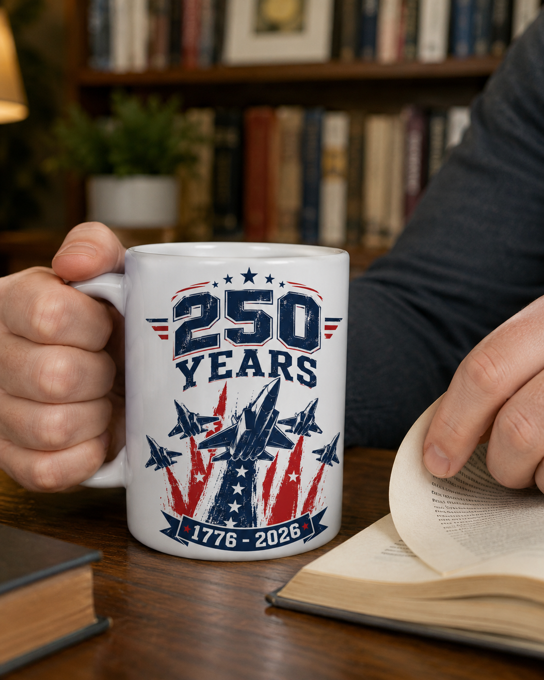 250 Years Coffee Mug, 1776-2026 Patriotic Fighter Jet Ceramic Cup - Mug - lifestyle view 2