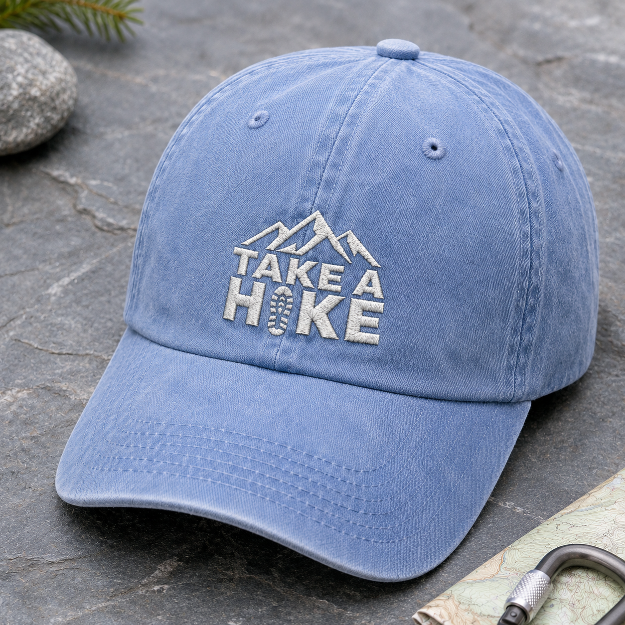 Take A Hike Washed Cap, Mountain Embroidered Hat for Hikers - Washed Cap - detail view