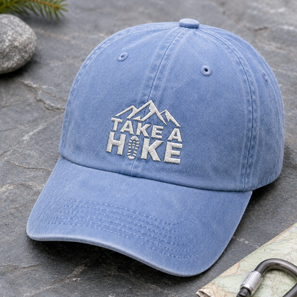 Take A Hike Washed Cap, Mountain Embroidered Hat for Hikers - Washed Cap - detail view