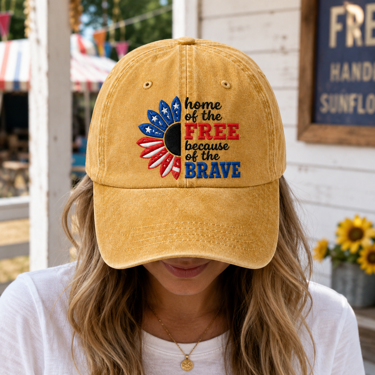 Home of the Free Because of the Brave Washed Cap, Patriotic Sunflower Military Gift - washed cap - lifestyle view 8