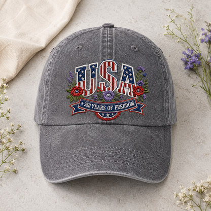 USA 250 Years of Freedom Washed Cap, Patriotic America Hat for 4th of July - washed cap - lifestyle view 4