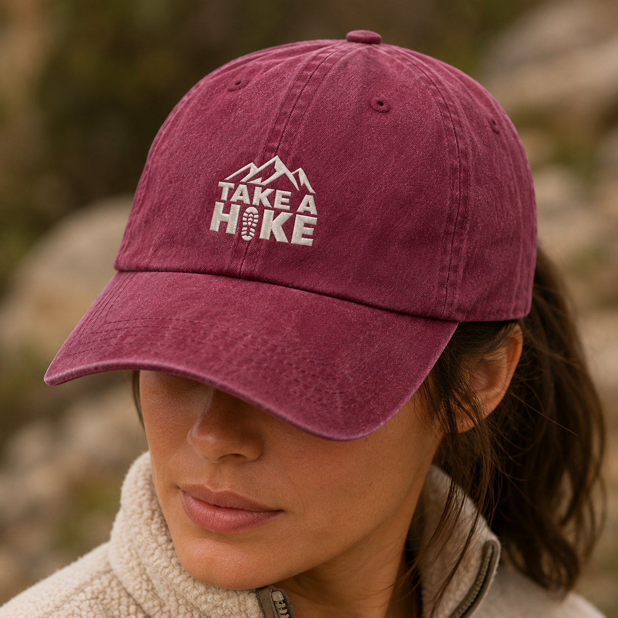 Take A Hike Washed Cap, Mountain Embroidered Hat for Hikers - Washed Cap - lifestyle view 3