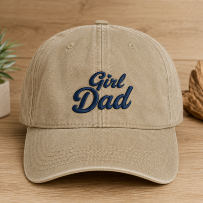 Girl Dad Washed Cap, Navy Embroidered Script Hat for Father's Day - Washed Cap - front view
