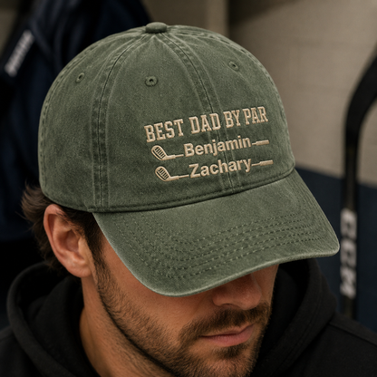 Dad By Par Washed Cap, Golf Dad Hat, Personalized Kids Names Father's Day Gift - Washed Cap - lifestyle view 3