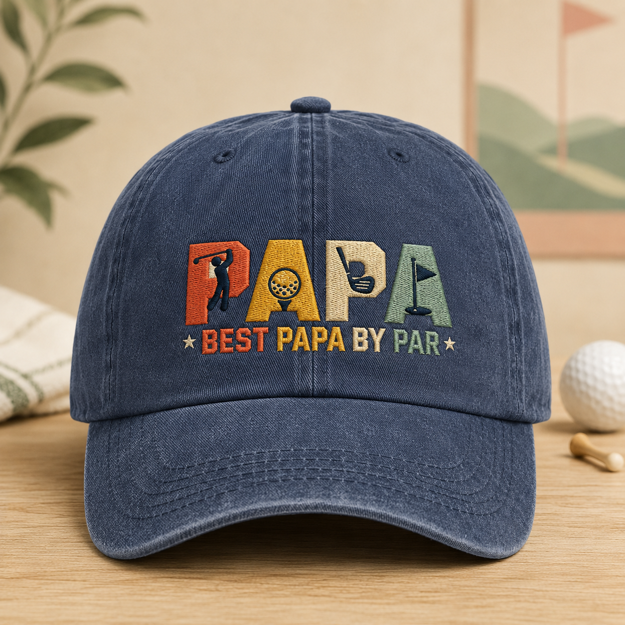Best Papa By Par Washed Cap, Golf Grandpa Embroidered Hat Gift - Washed Cap - front view