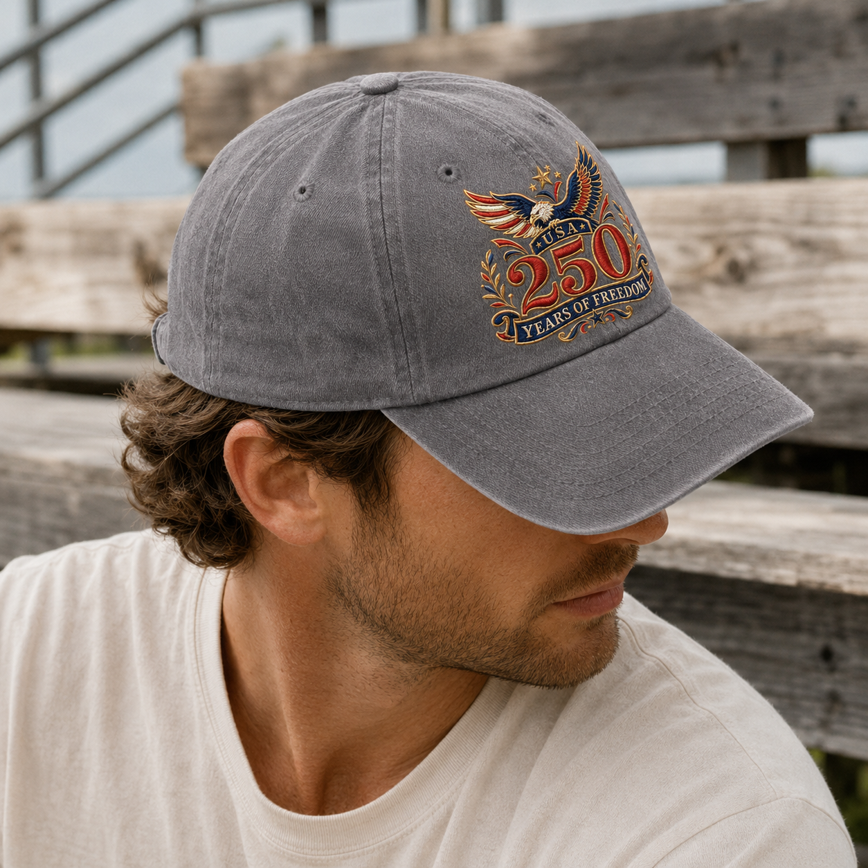 USA 250 Years of Freedom Washed Cap, Patriotic Eagle Anniversary Hat - washed cap - lifestyle view 7
